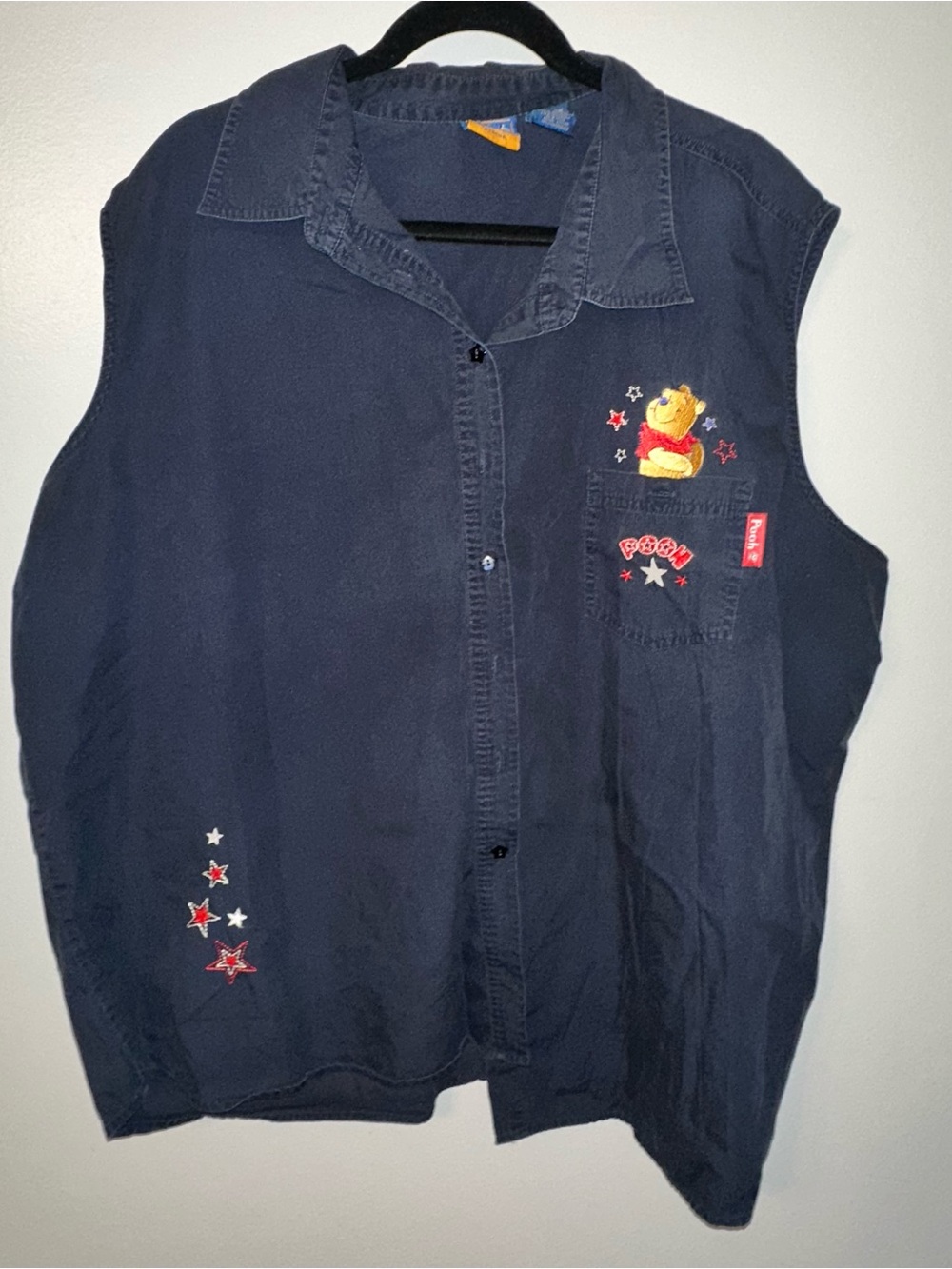 Vintage 90s Winnie the Pooh Embroidered Navy Sleeveless Button-Up Shirt